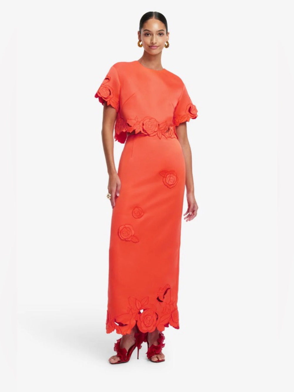 LEO LIN Indie & Kyra Orange Floral Applique Short Sleeve Skirt Set AU8/US4 NWOT